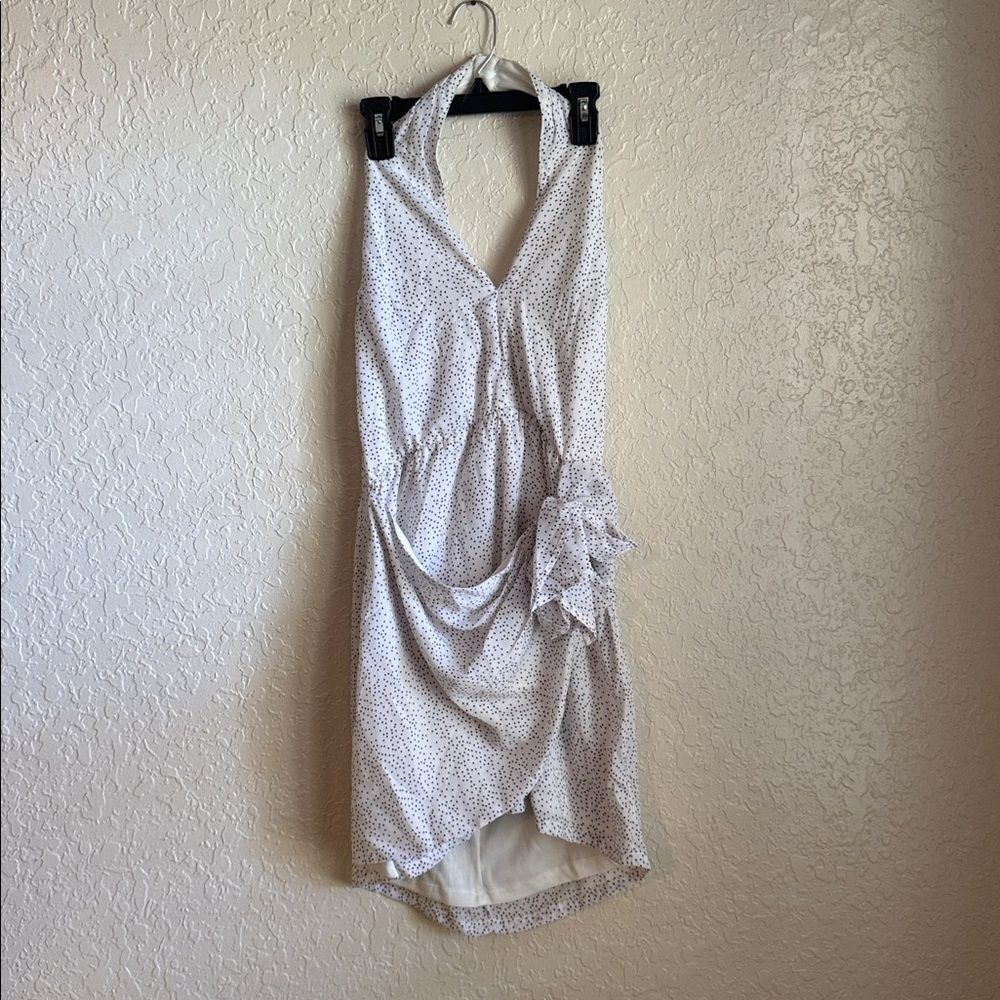Lush Black & White Polka Dot Halter Wrap Dress Size M Elastic Waist Flowy
